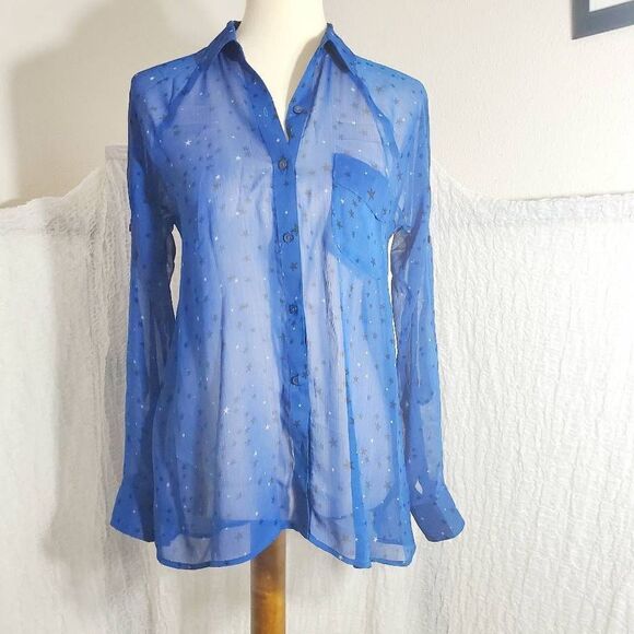 Express Blue Star Print Sheer Blouse Size Small - Picture 1 of 8